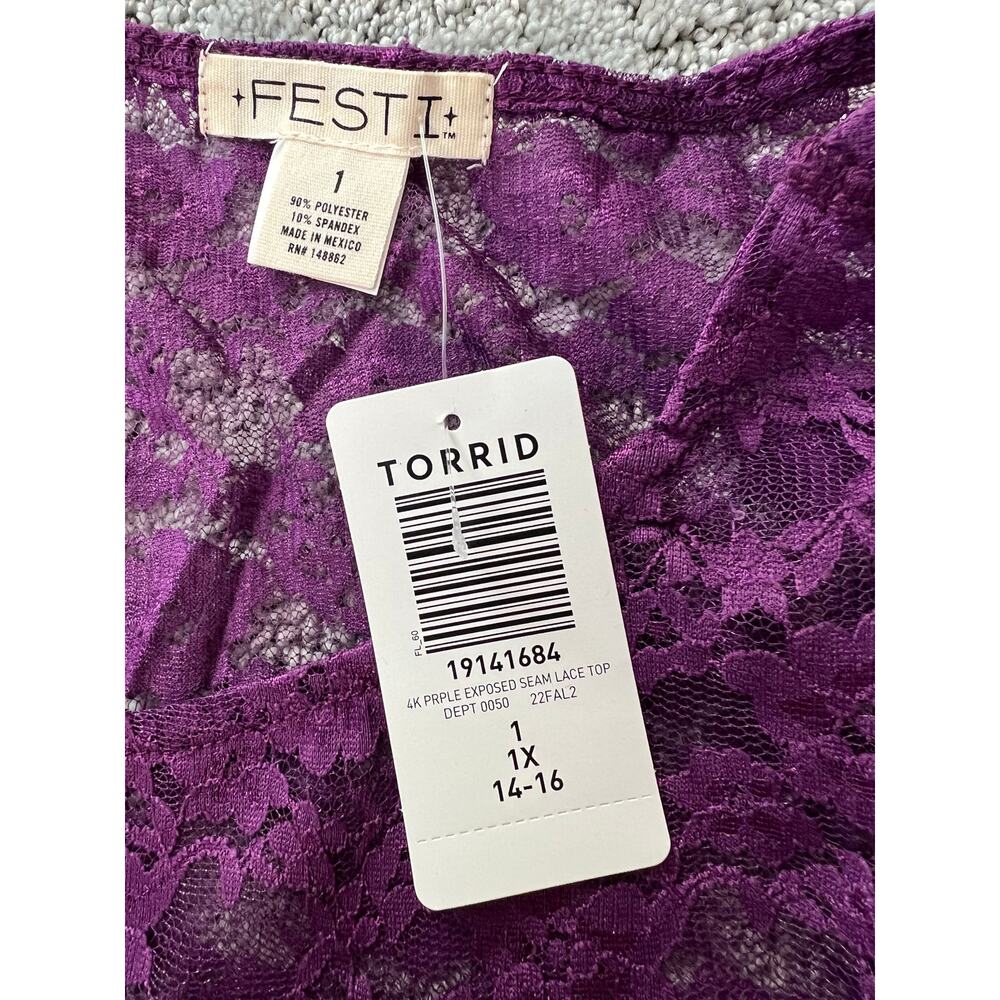 Sexy Sheer Torrid 1X CROP TOP Purple Haze Stretch Lace Festival Festi Blouse NEW - Picture 12 of 13